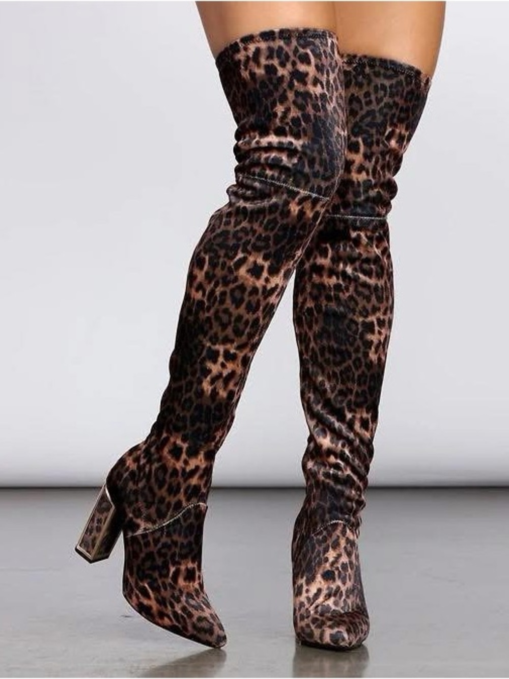 Leopard Print Over-the-Knee Block Heel Boots - Brown